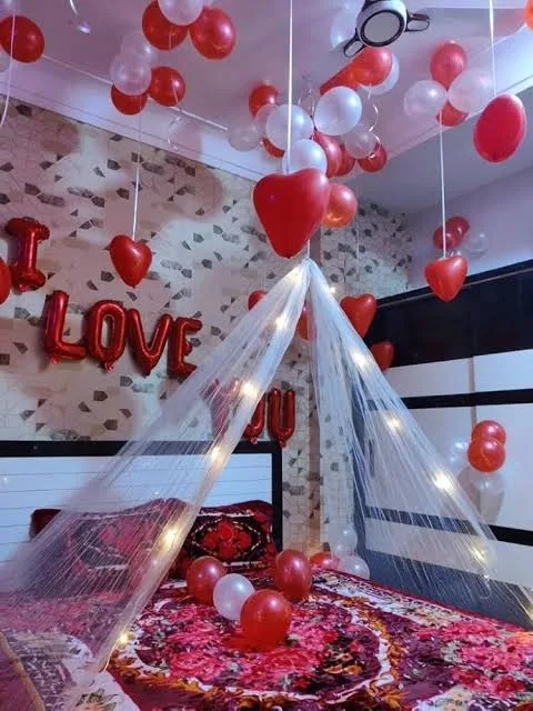 Premium Romantic Canopy Room Decoration with LED Lights & Heart Balloons