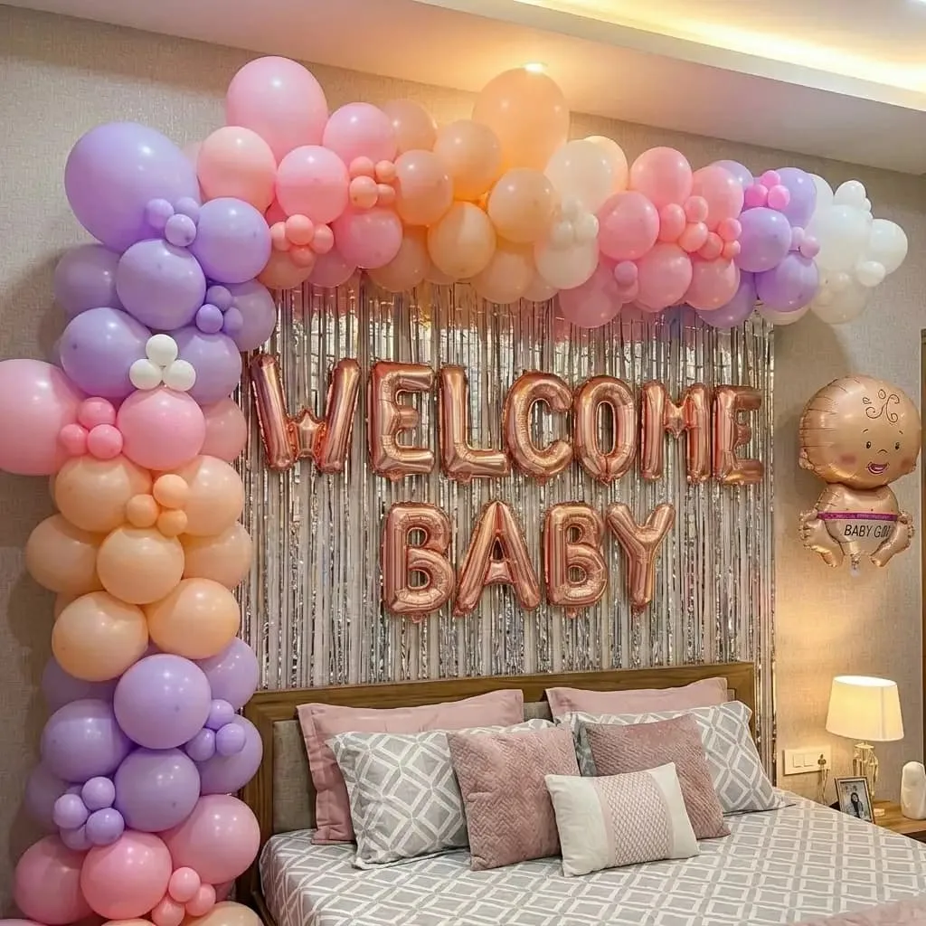 Pastel Baby Girl Welcome Balloon Decoration with Shimmer Backdrop