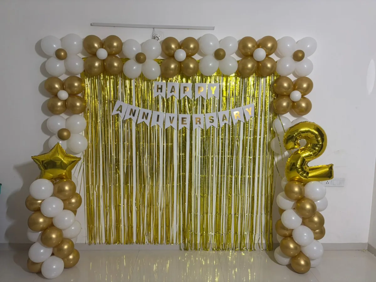 Elegant Golden & White Anniversary Balloon Decoration Setup
